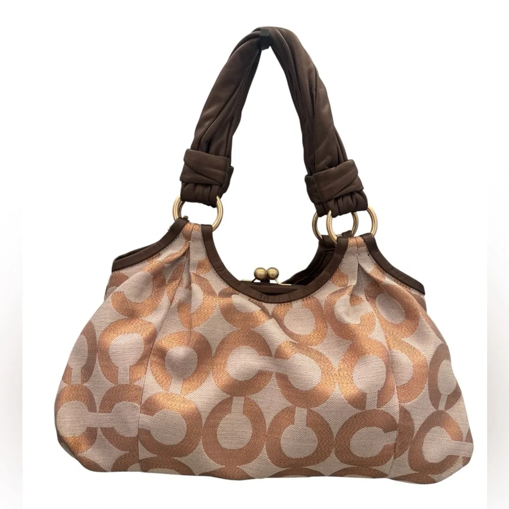Coach Parker Shimmer Copper Rose Gold Center Kisslock Signature C Shoulder Purse - Picture 8 of 12